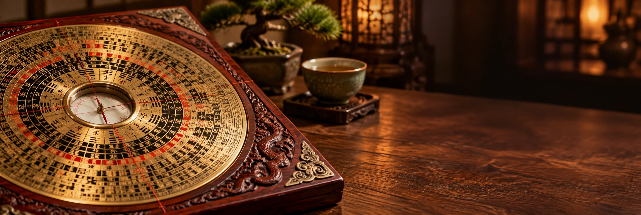 La bàn phong thủy truyền thống trên bàn gỗ ấm