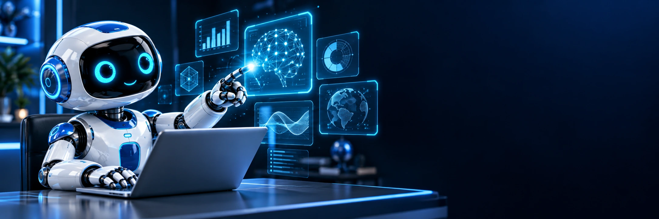 Robot AI bên máy tính và bảng điều khiển công nghệ